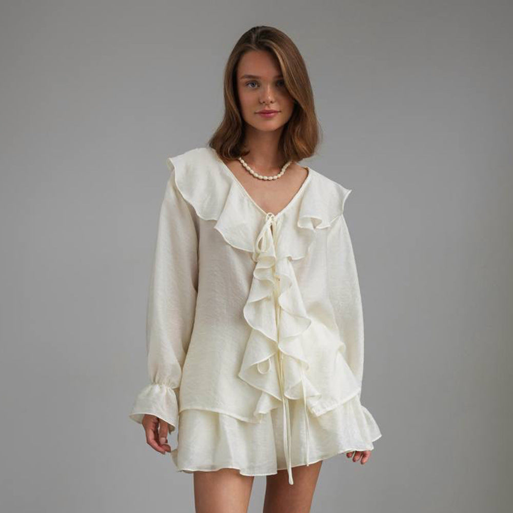French V-neck ruffle edge shirt shorts set European and American summer lace-up shirt shorts set women suits