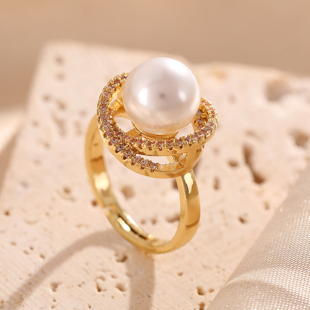 Korean version of light luxury premium pearl rings niche versatile exquisite zircon opening adjustable ring Internet celebrity jewelry
