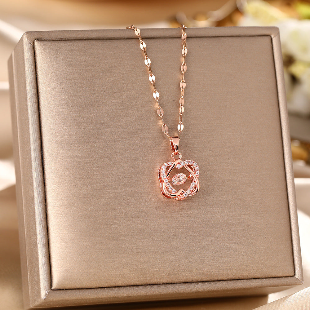European and American cross-mirror smart double love titanium steel necklace female personality beating heart pendant high-end sense collarbone chain jewelry