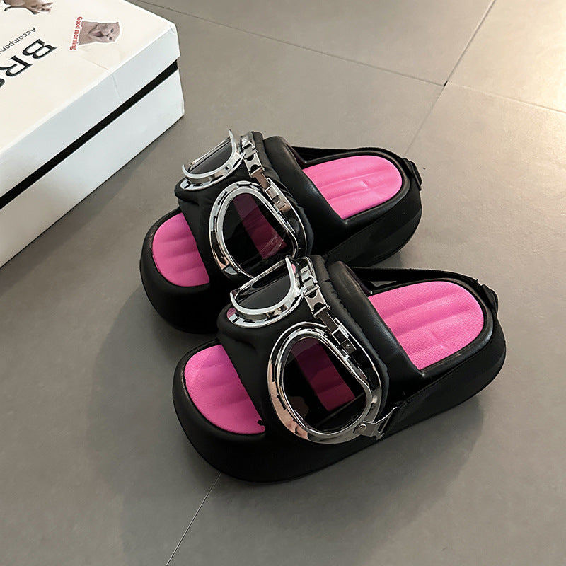 Locomotive glasses wear slippers outside women's summer new niche design fashionable thick bottom heightening sandals