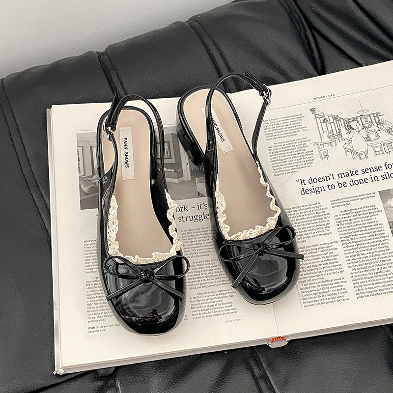 French niche design sense bow with lace thick heel cool slippers women's summer new one-word sandals