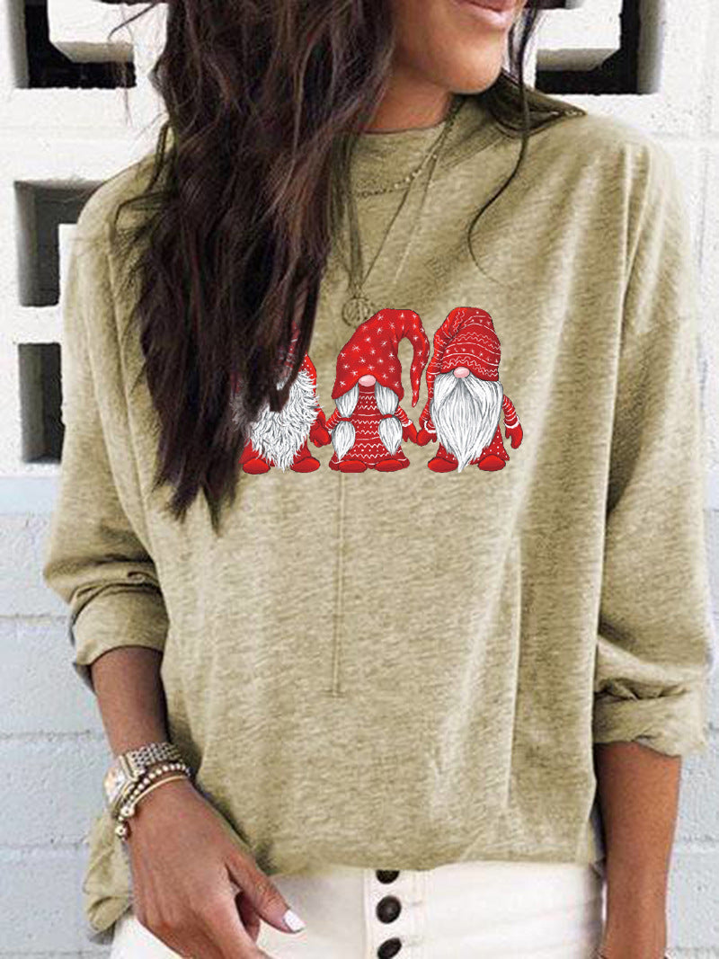 New Santa Claus Holiday Printed Crew Neck Long Sleeve T-Shirt Casual Bottom Top Women