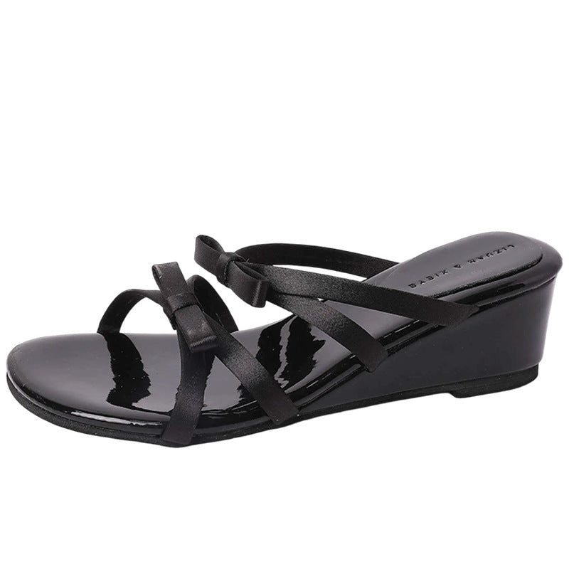 Fashion tribe fairy style bow thick bottom heightening slippers women's outer wear new summer open-toed sandals