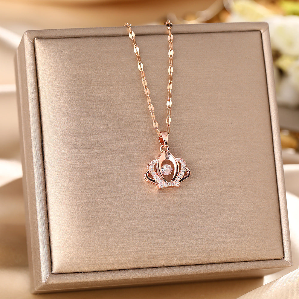 Hot Sale Titanium Steel Necklace Female Smart Crown Micro-inlaid Pendant Versatile Light Luxury Niche Design Clavicle Chain Jewelry