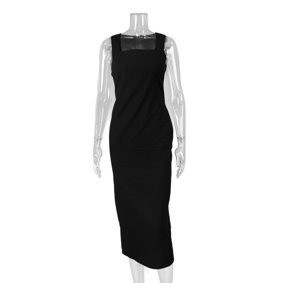 Cross-border simple solid color square neck suspender dress, European and American summer new slim cotton and linen long dress
