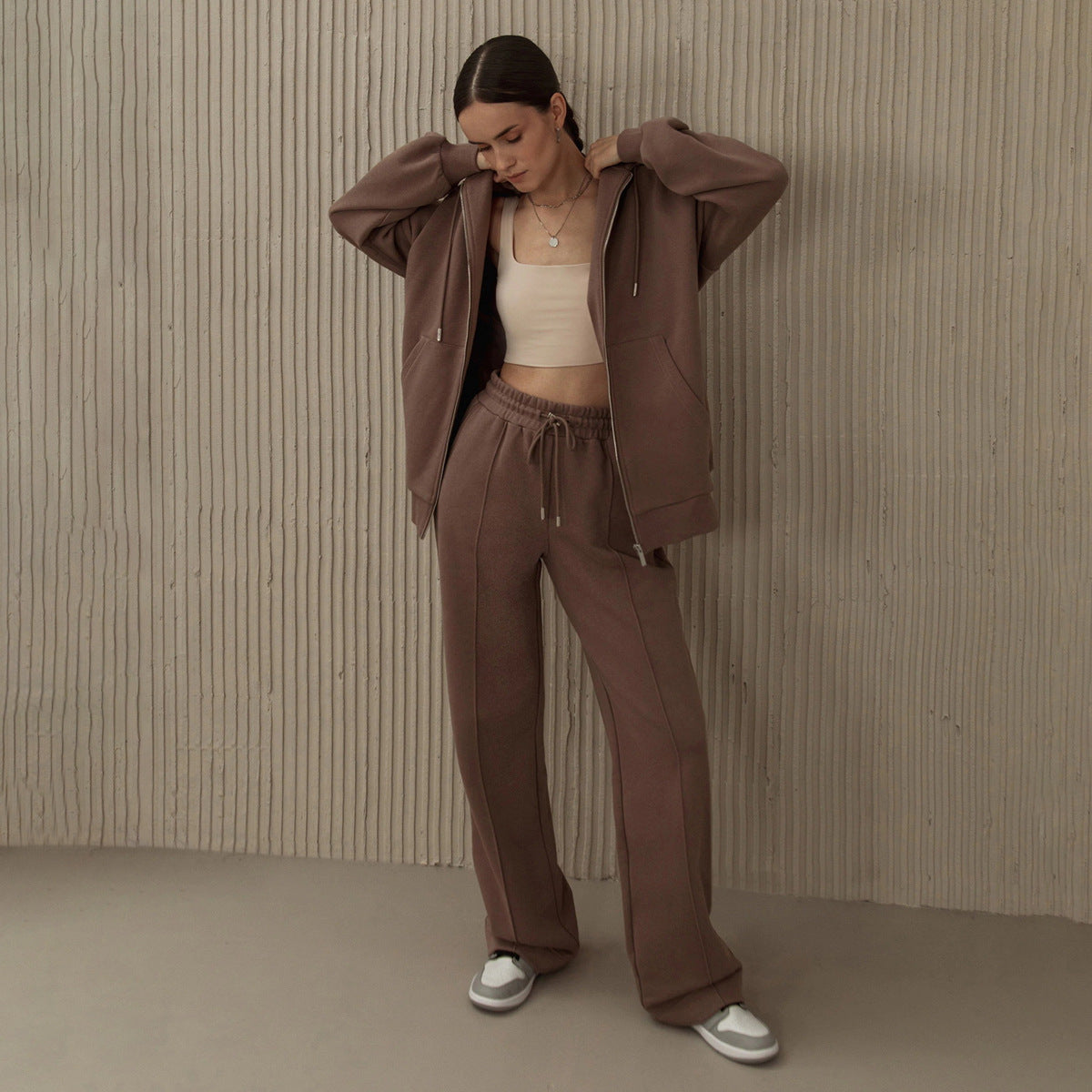 Zipper sweater set European and American autumn and winter fashion simple hoodie jacket + straight pants sweatpants suits