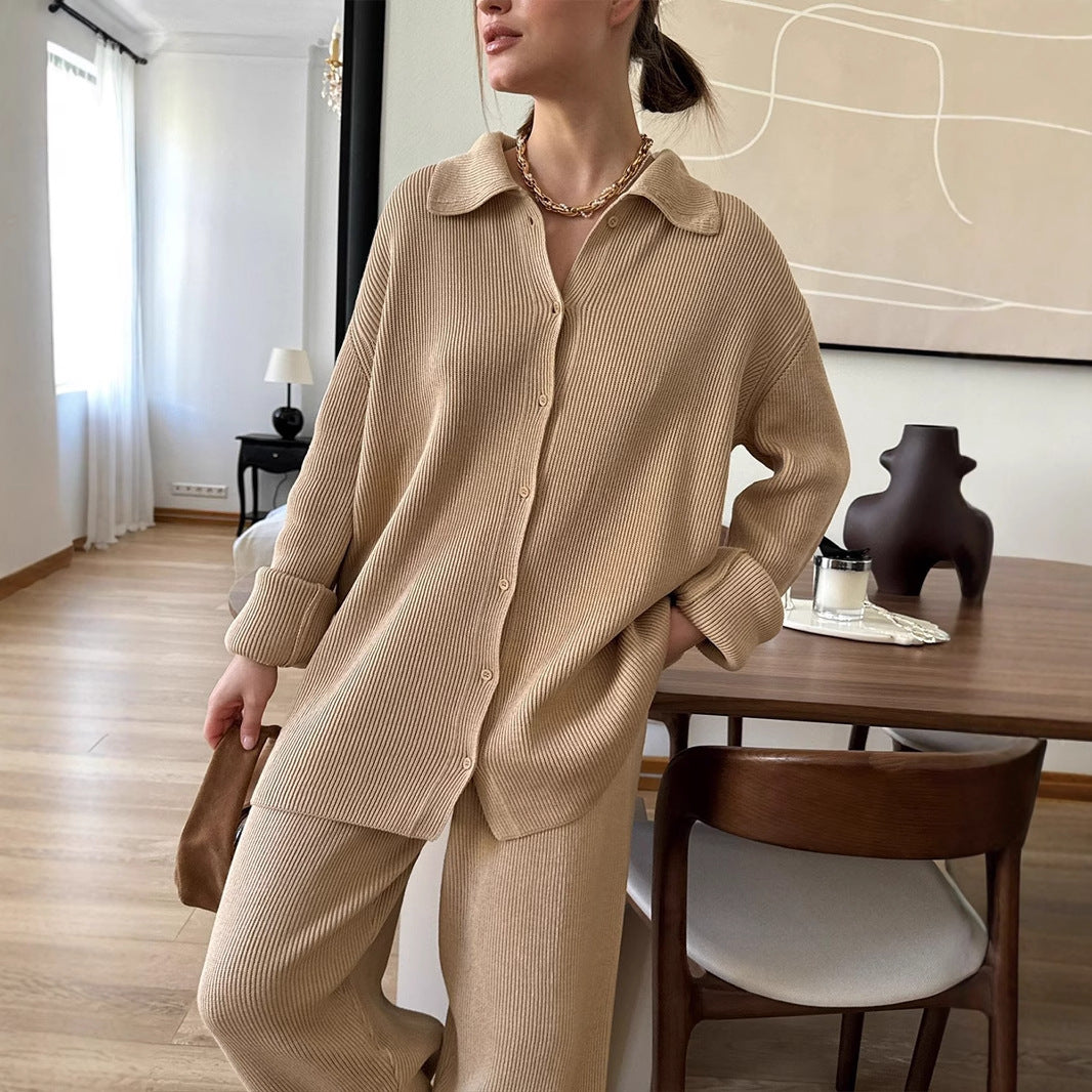 Lapel long-sleeved knitted set, European, American autumn and winter new temperament loose commuting pit strip sweater set suits