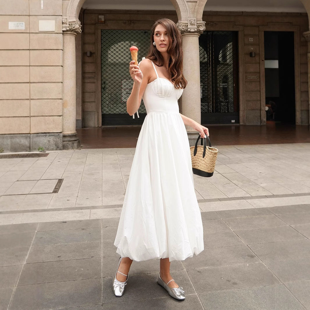 Pure cotton suspender balloon dress European and American summer waist bubble pendulum dress pure cotton dress women