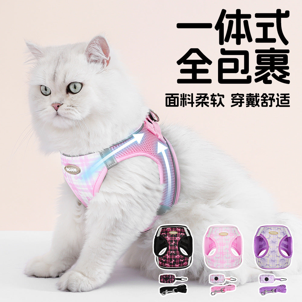 Cross-border popular cat traction rope, bow print cute cat chest and back anti-break free kitten traction rope spot cat toy