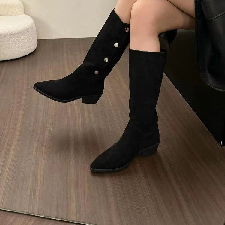 Retro temperament matte pile boots women's new one shoe two wear thick heel pleated boots pointed button medium boots