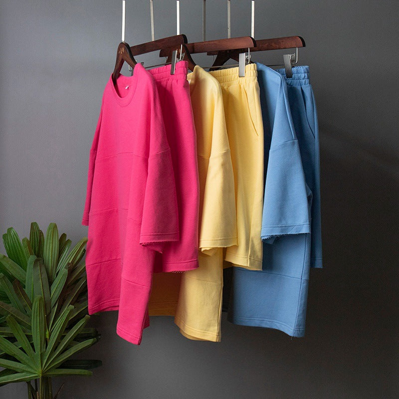 T-shirt shorts set European and American summer loose casual splicing straight-leg pants cotton short-sleeved T-shirt set suits