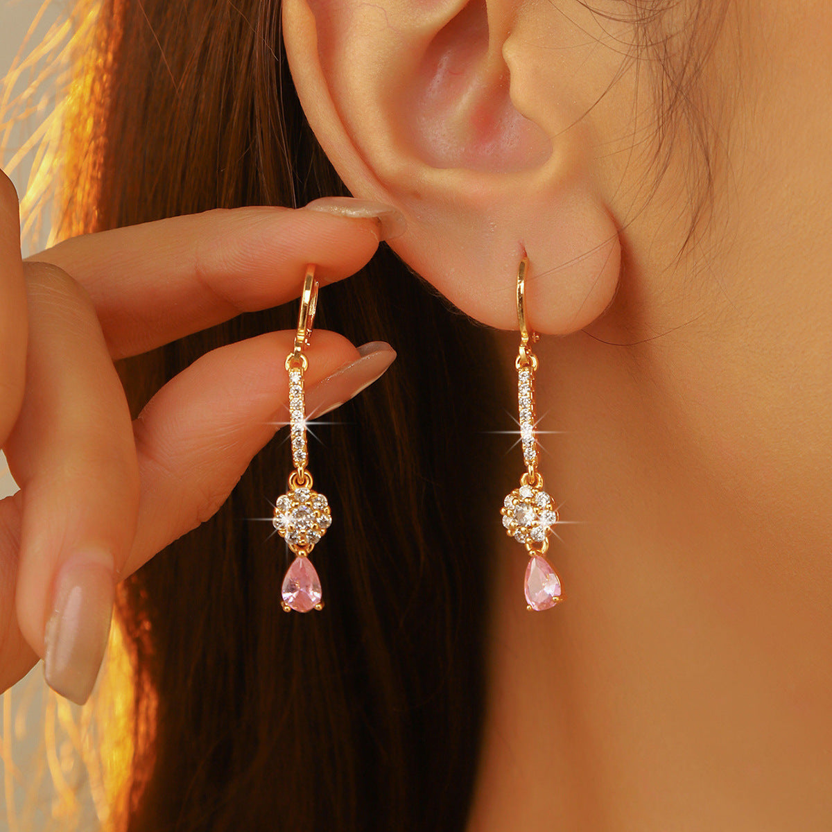 Town card, classic trendy pink water drop ear buckle women, fashionable versatile zircon earrings, personalized copper ear jewelry