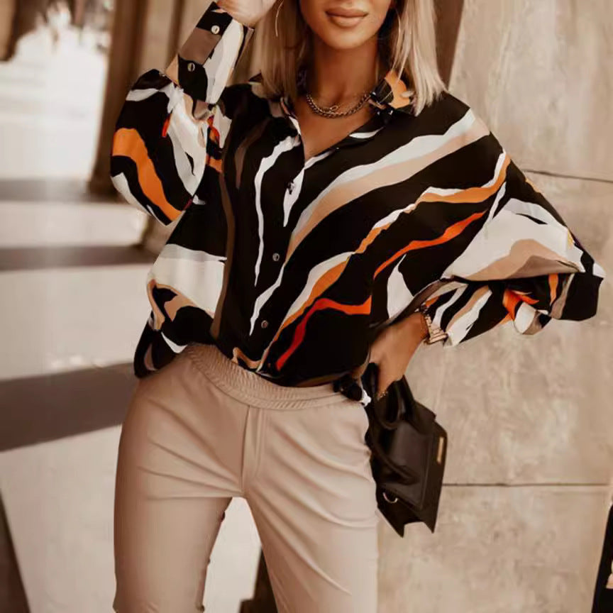 Cross-border foreign trade European and American printed shirt loose women's button-down long-sleeved casual shirts women's top
