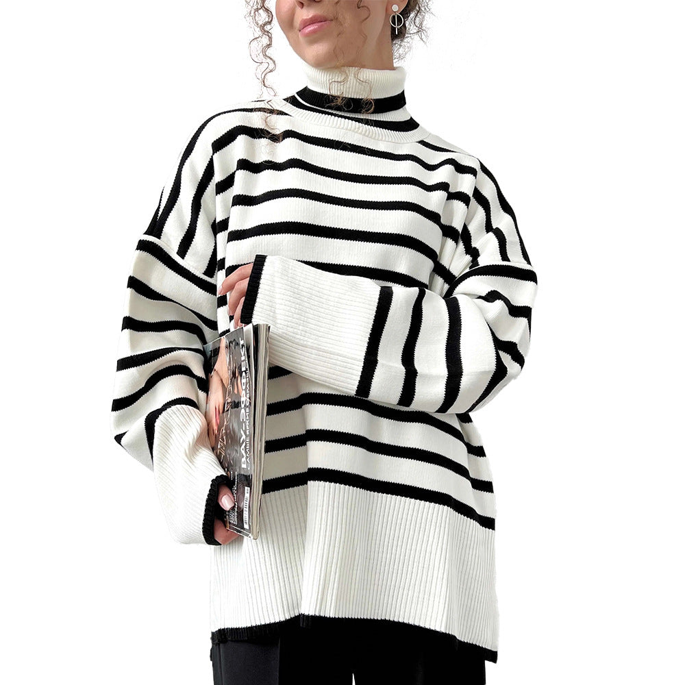 Turtleneck striped sweater women's Europe, America, autumn and winter new turtleneck pullover knitted sweater versatile loose sweater