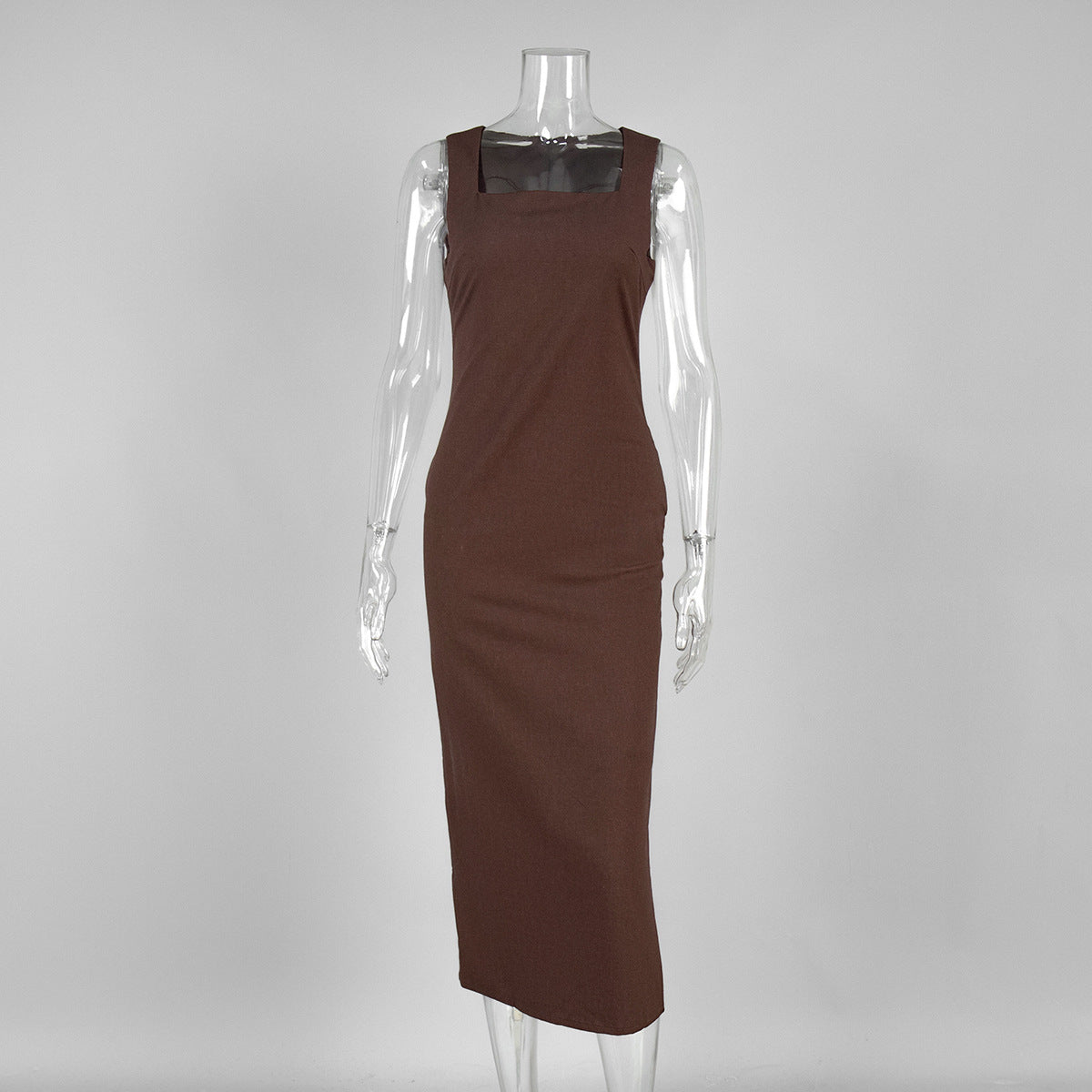 Cross-border simple solid color square neck suspender dress, European and American summer new slim cotton and linen long dress