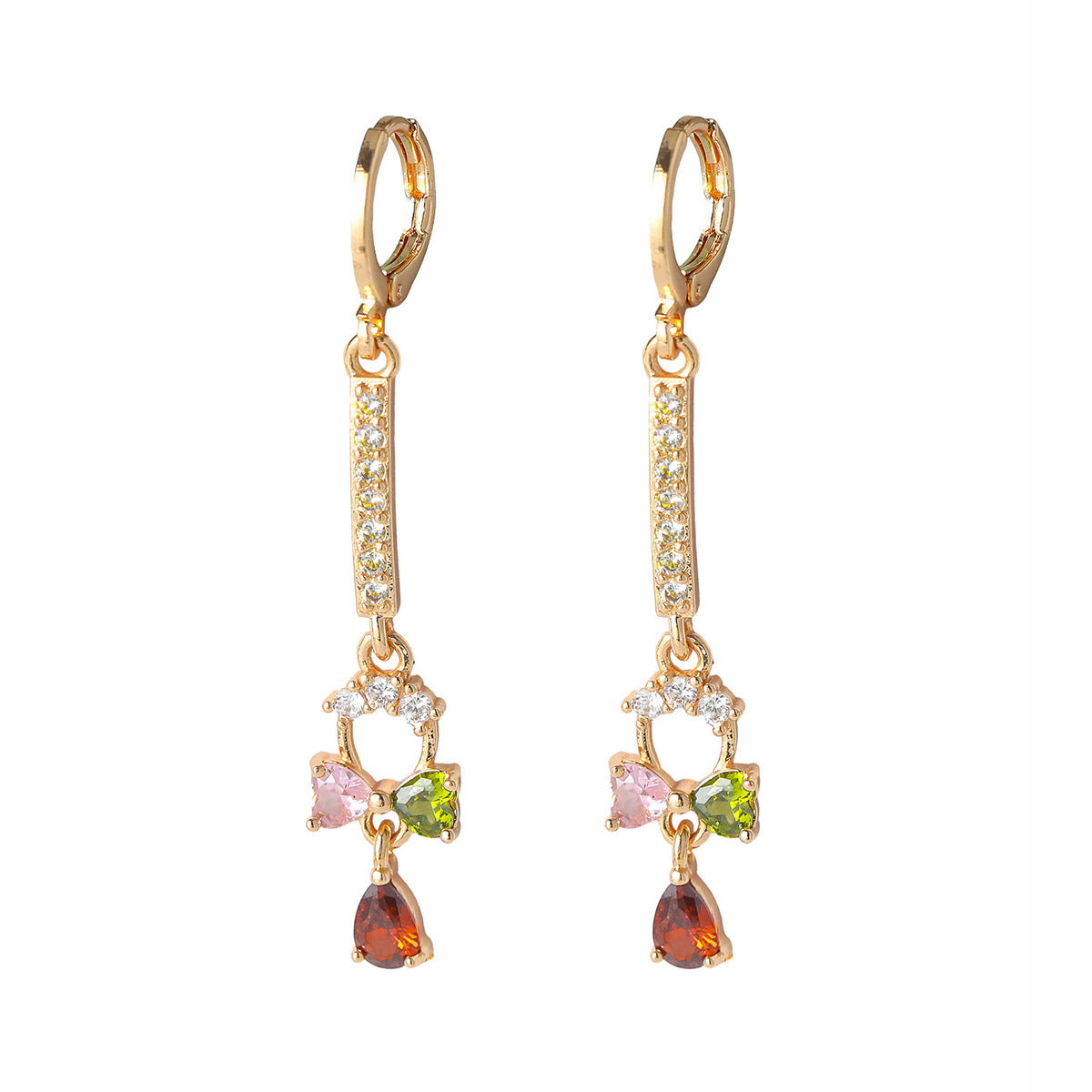 Choka, classic retro high-end luxury flower long-ear buckle women, fashionable color zircon earrings, versatile copper earrings.