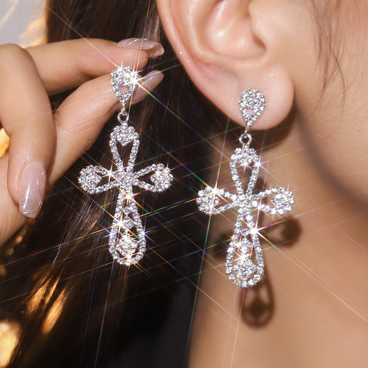 DINGKA high-end luxury flash diamond hollow cross long earrings women's temperament versatile earrings copper ear jewelry