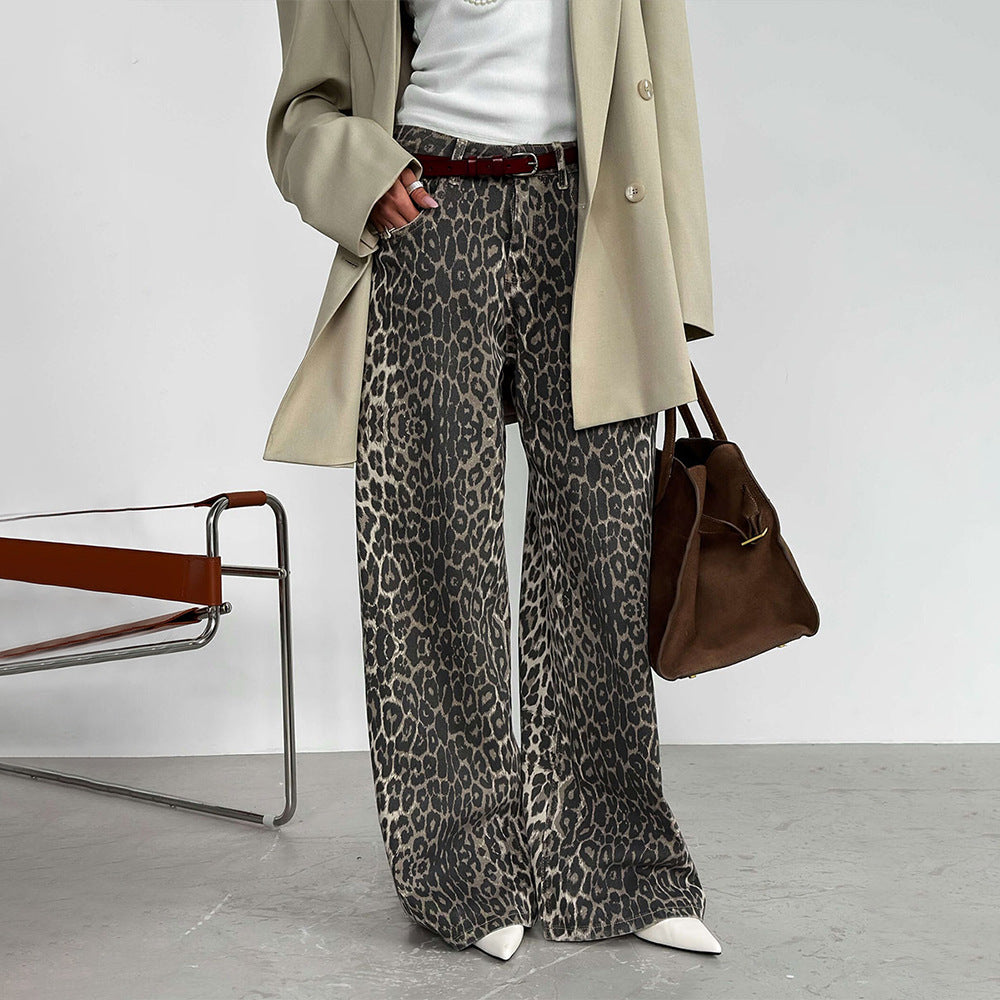 Cross-border leopard print wide-leg pants, European and American spring and summer new Y2K loose casual mopping leopard print wide-leg pants