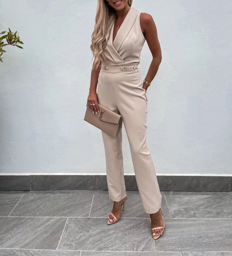 European and American women's clothing independent station new, sleeveless green fruit collar metal decorative backless slim jumpsuit suits