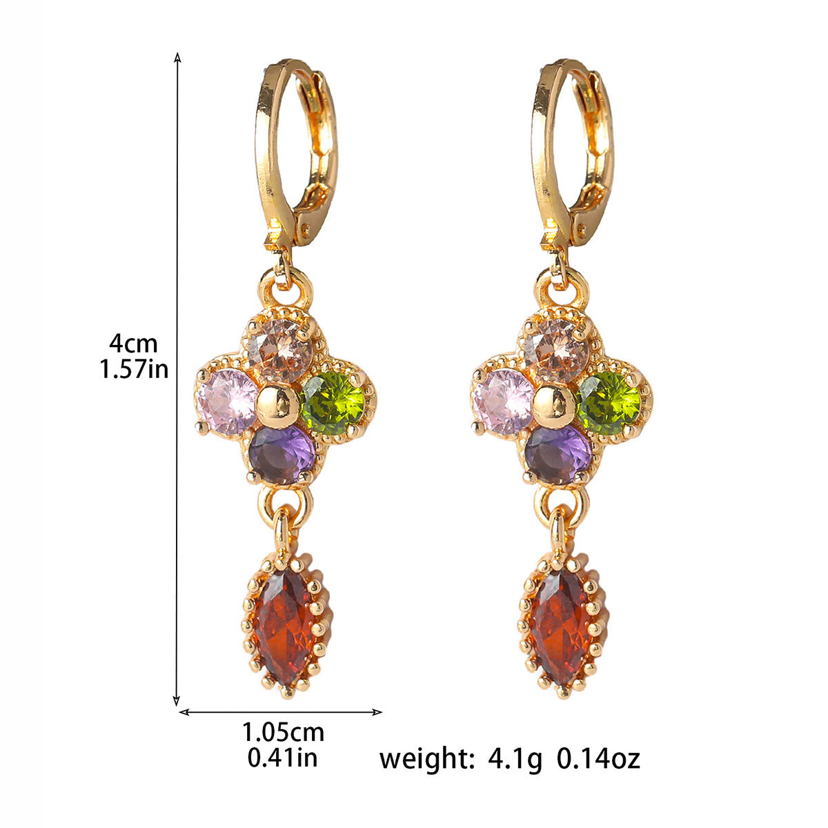 Choka, classic retro high-end luxury long-ear buckle women, fashionable color zircon earrings, versatile copper ear jewelry