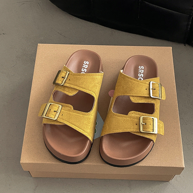 Casual fashion green slippers women's outerwear summer new thick-soled non-slip beach one-word sandals