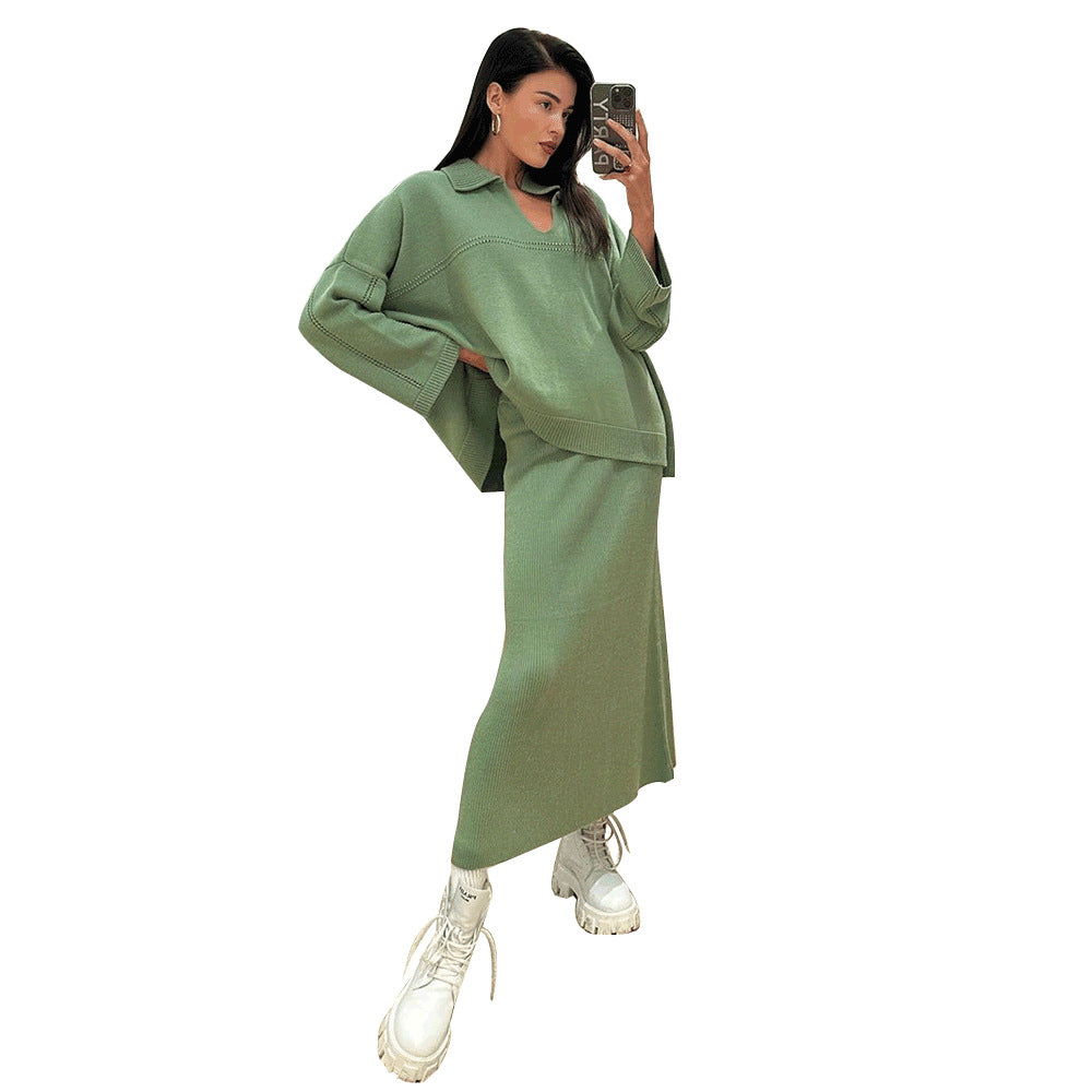 Cross-border knitted set Europe, America winter new fashion simple style V-neck knitted sweater skirt set suits