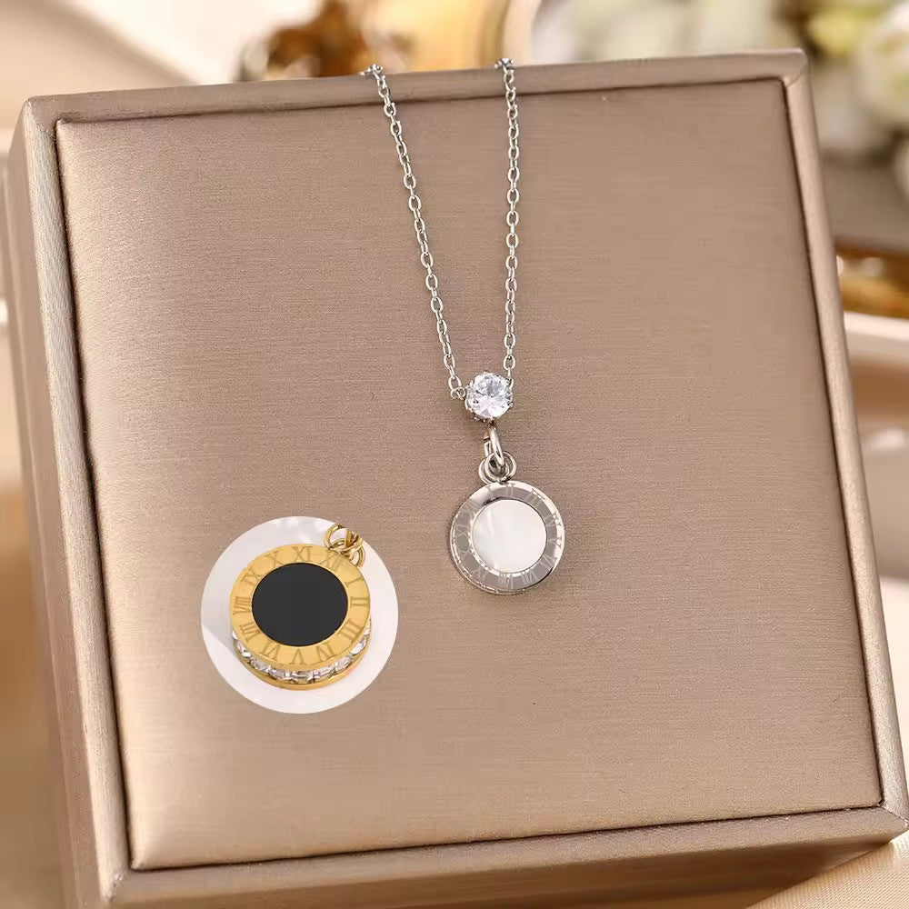 Hot-selling new titanium steel necklace women's black and white shell double-sided Roman pendant personalized light luxury trendy collarbone chain jewelry