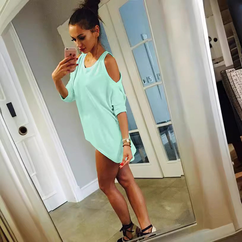Autumn hot sale AliExpress solid color multi-color fashion simple European and American off-the-shoulder women's top T-shirts