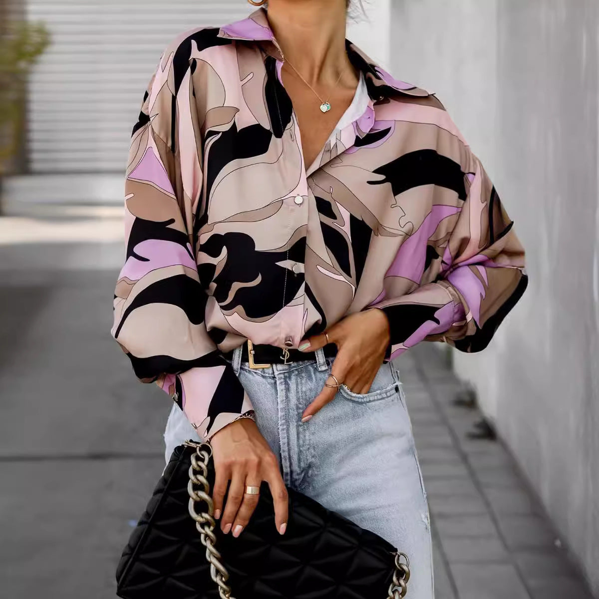 Cross-border foreign trade European and American printed shirt loose women's button-down long-sleeved casual shirts women's top