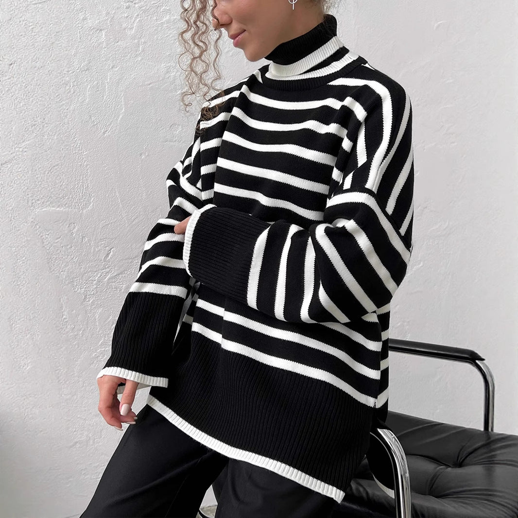 Turtleneck striped sweater women's Europe, America, autumn and winter new turtleneck pullover knitted sweater versatile loose sweater