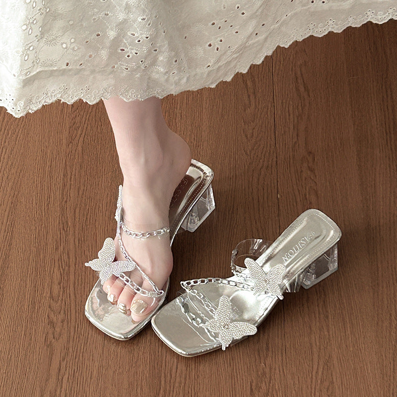 French butterfly high-heeled slippers women's summer wear new fashion versatile fairy style thick heel with skirt sandals