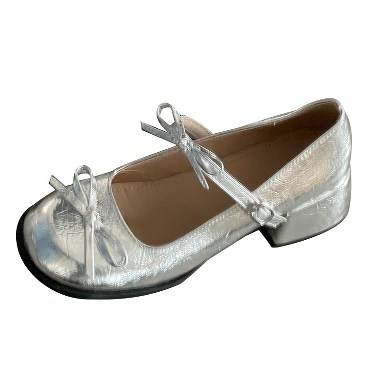 French silver thick high heel light mouth single shoes women's new spring and summer skirt JK Mary Jane shoe temperament beanie shoes