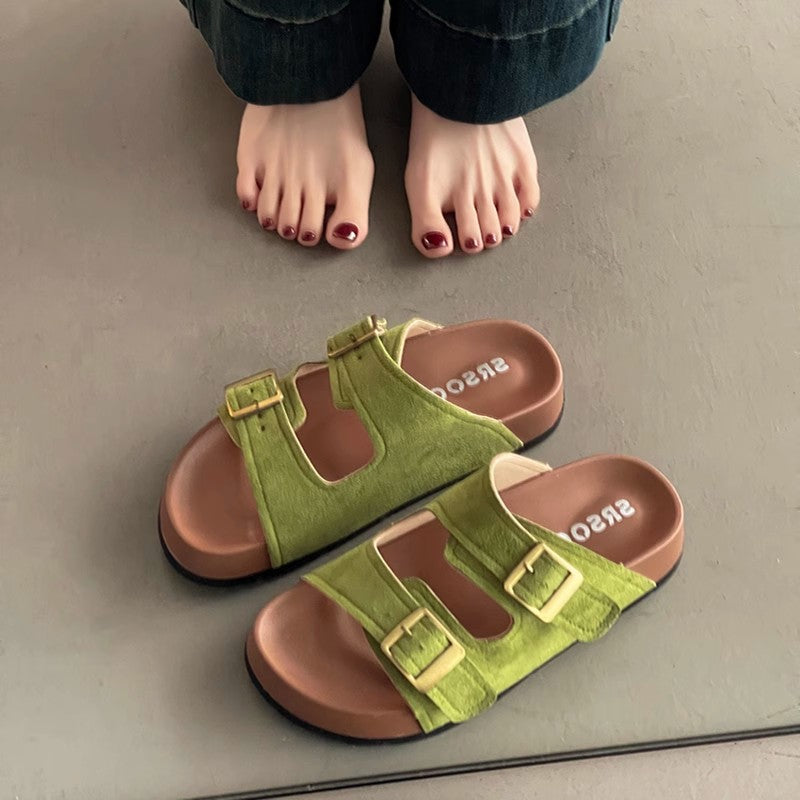 Casual fashion green slippers women's outerwear summer new thick-soled non-slip beach one-word sandals