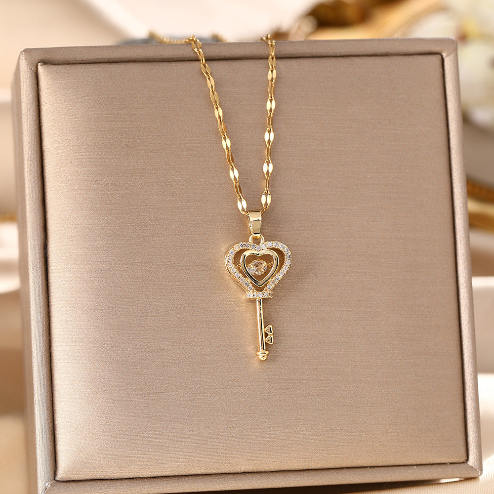 Japanese and Korean niche design sense smart key titanium steel necklace women's fashion love beating zircon Internet celebrity collarbone chain