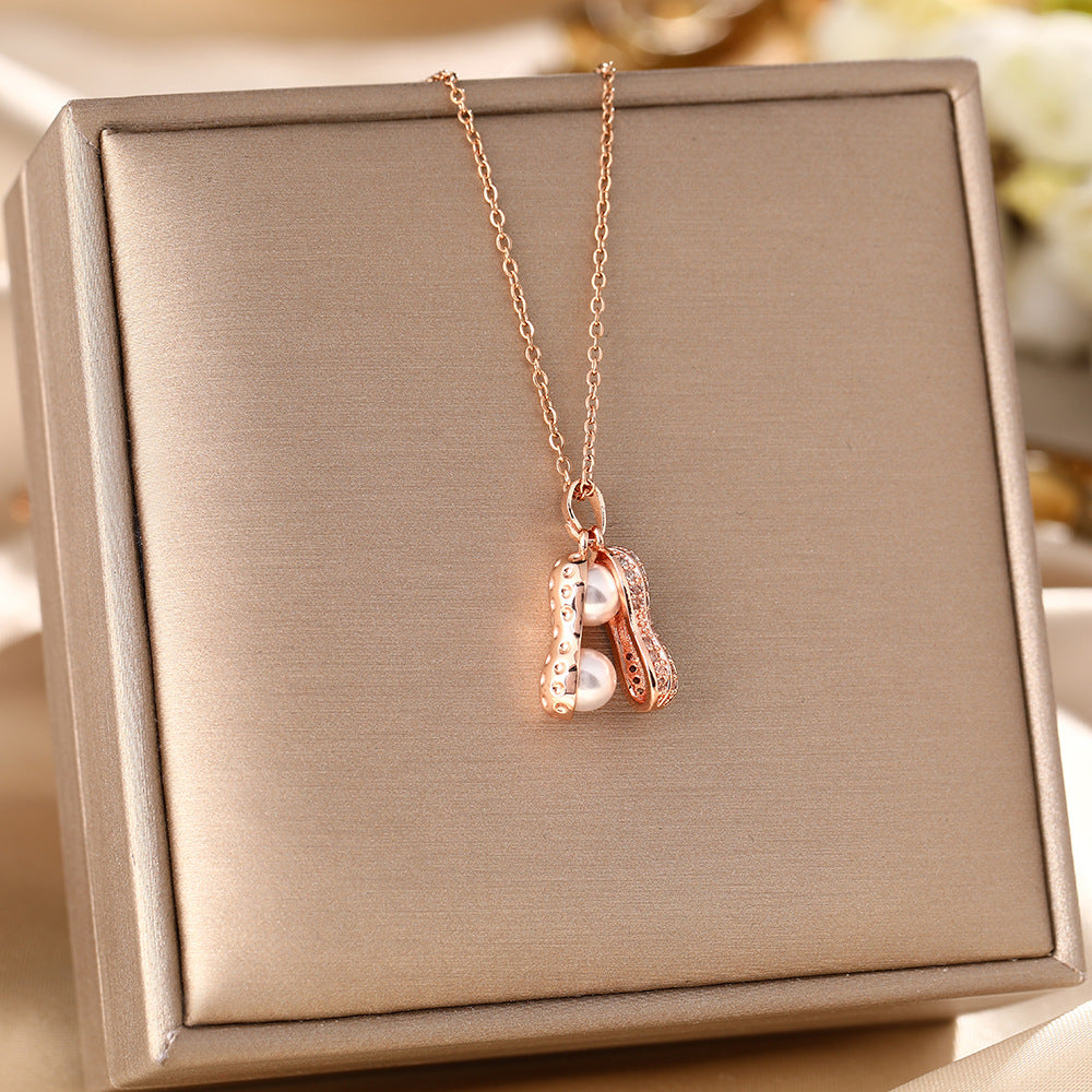 Korean version of cross-border hot-selling titanium steel necklace women's niche micro-inlaid high-grade pearl peanut pendant light luxury collarbone chain jewelry