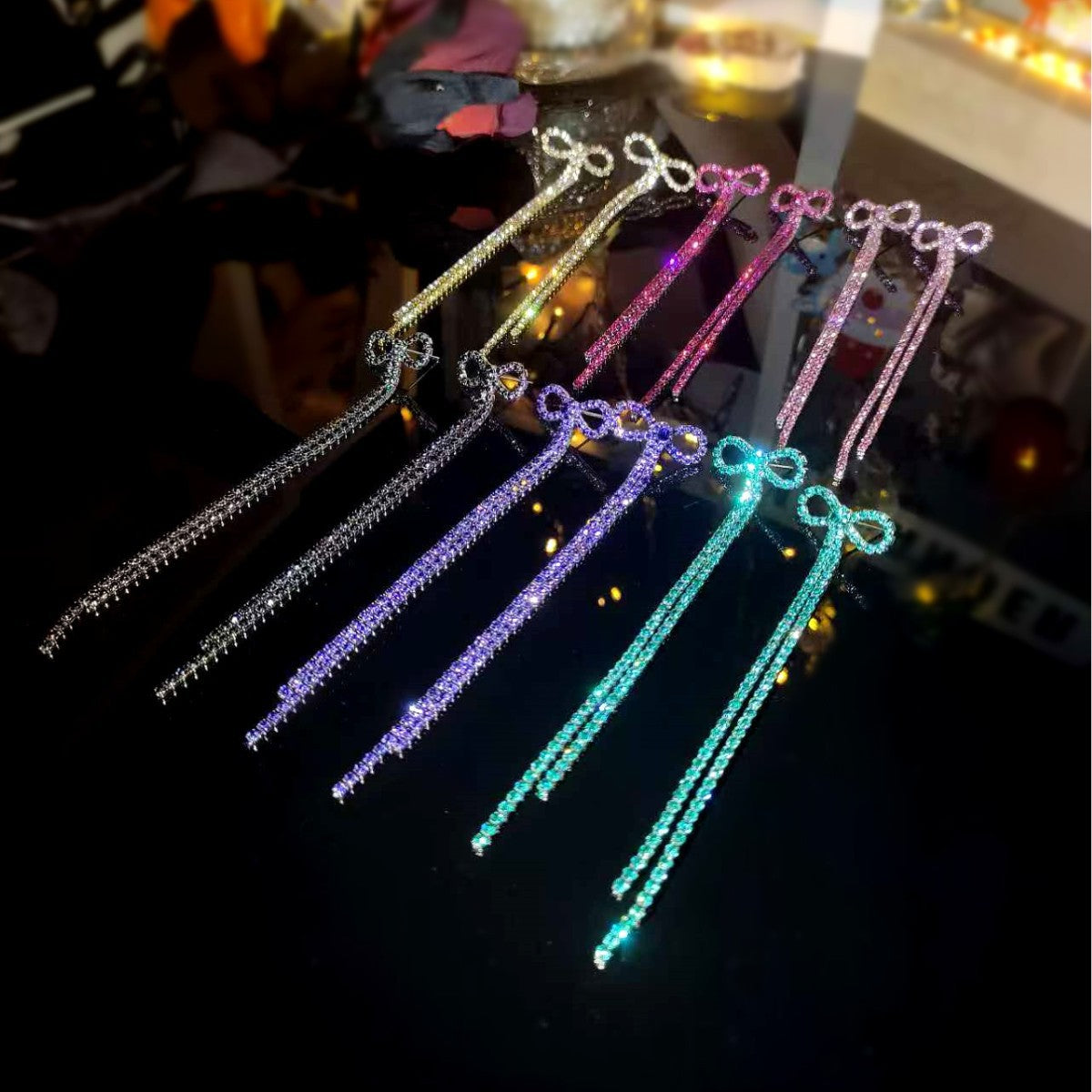 DINGKA Classic Blue Crystal Long Fringed Bow Earrings Women's, Stylish Shiny Crystal Stud Earrings Earrings