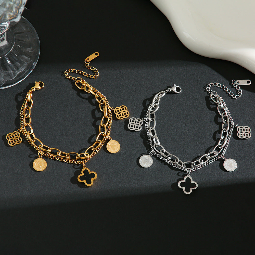 Cross-border hot sale Internet celebrity fashion titanium steel bracelet women's light luxury lucky four-leaf clover Emperor versatile hand jewelry does not fade