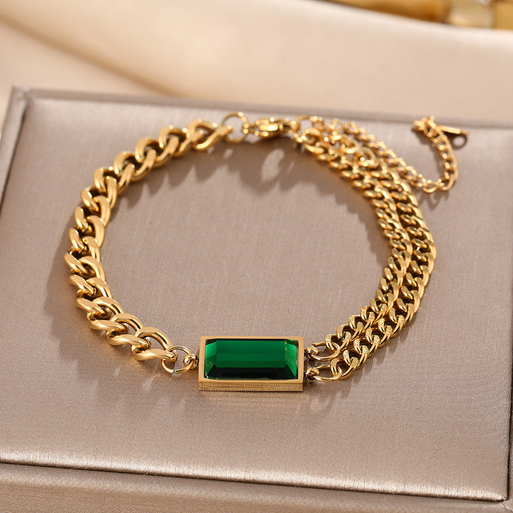 European and American hip-hop style niche design sense titanium steel bracelet women's diamond emerald cold wind ins jewelry tide jewelry