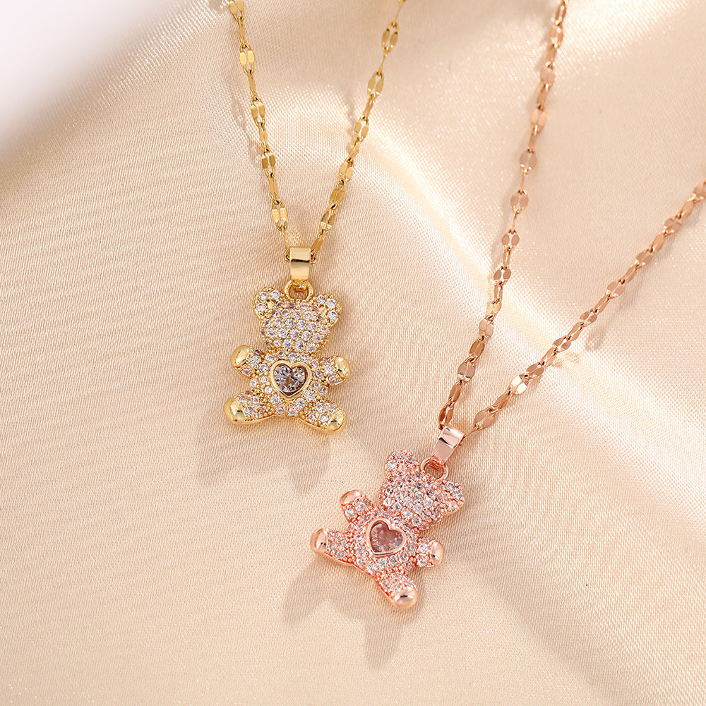 Korean version of the hot-selling titanium steel necklace women's micro-inlaid diamond teddy bear pendant versatile niche design collarbone chain jewelry