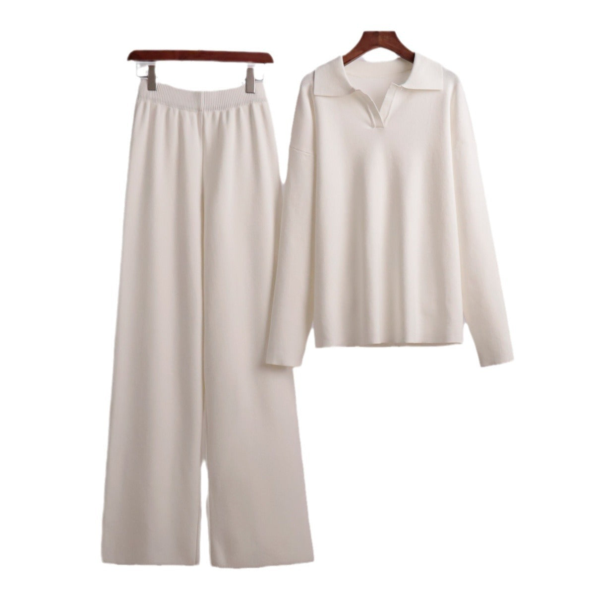 Knitted set European and American autumn and winter sweater set Polo neck knitted jumper + wide-leg trousers two-piece set suits