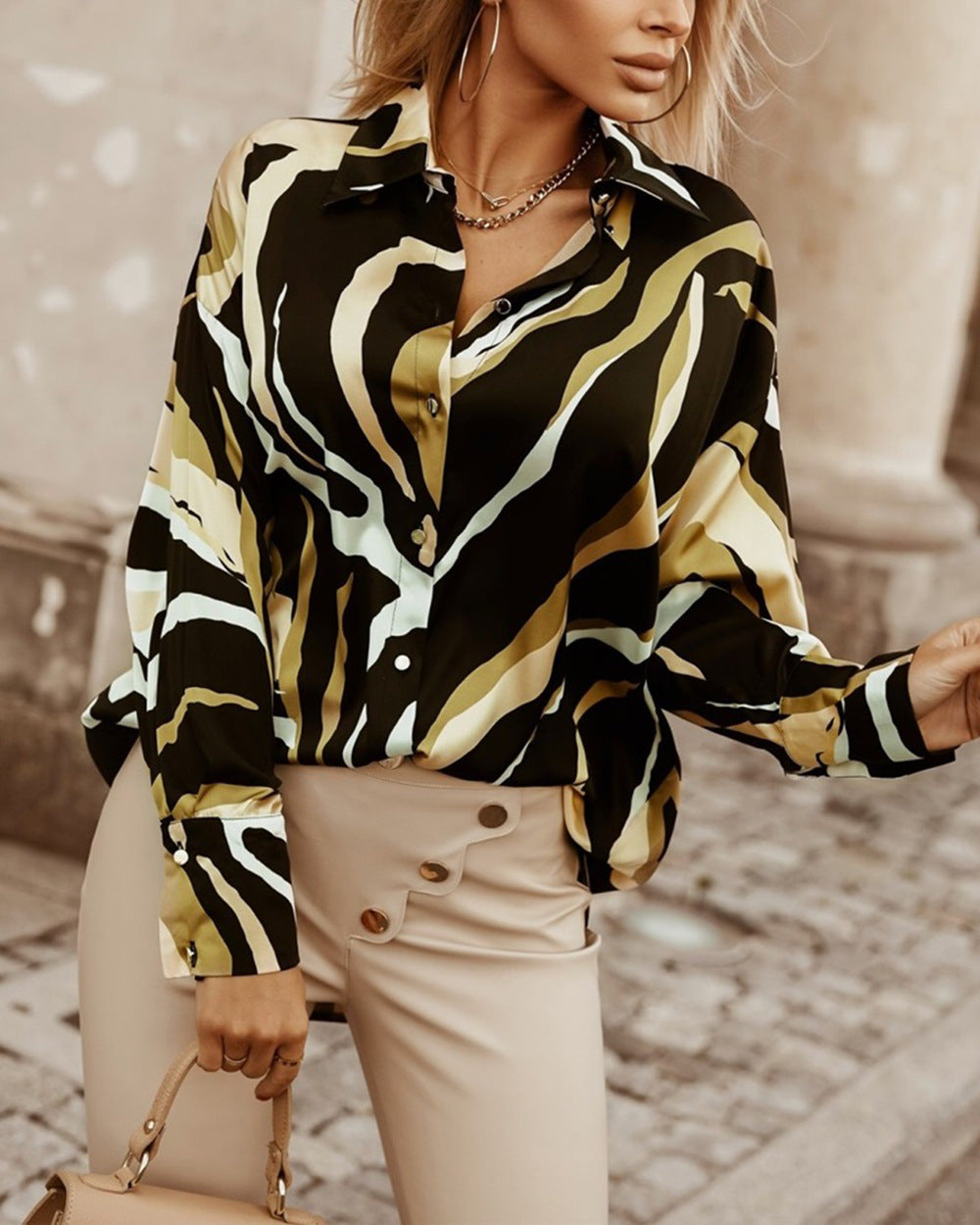 Cross-border foreign trade European and American printed shirt loose women's button-down long-sleeved casual shirts women's top
