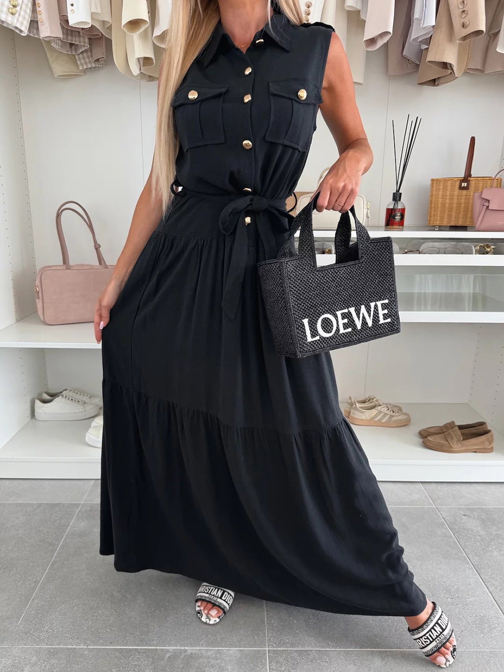 Summer European and American cross-border temperament commuter office dress solid color shirt collar single-breasted dress