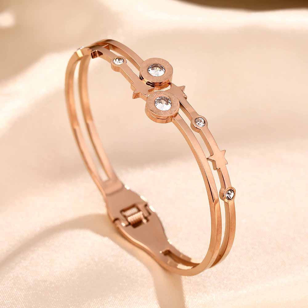 Cross-border new titanium steel bracelet female Roman double ring double diamond zircon high sense Internet celebrity bracelet creative fashion jewelry