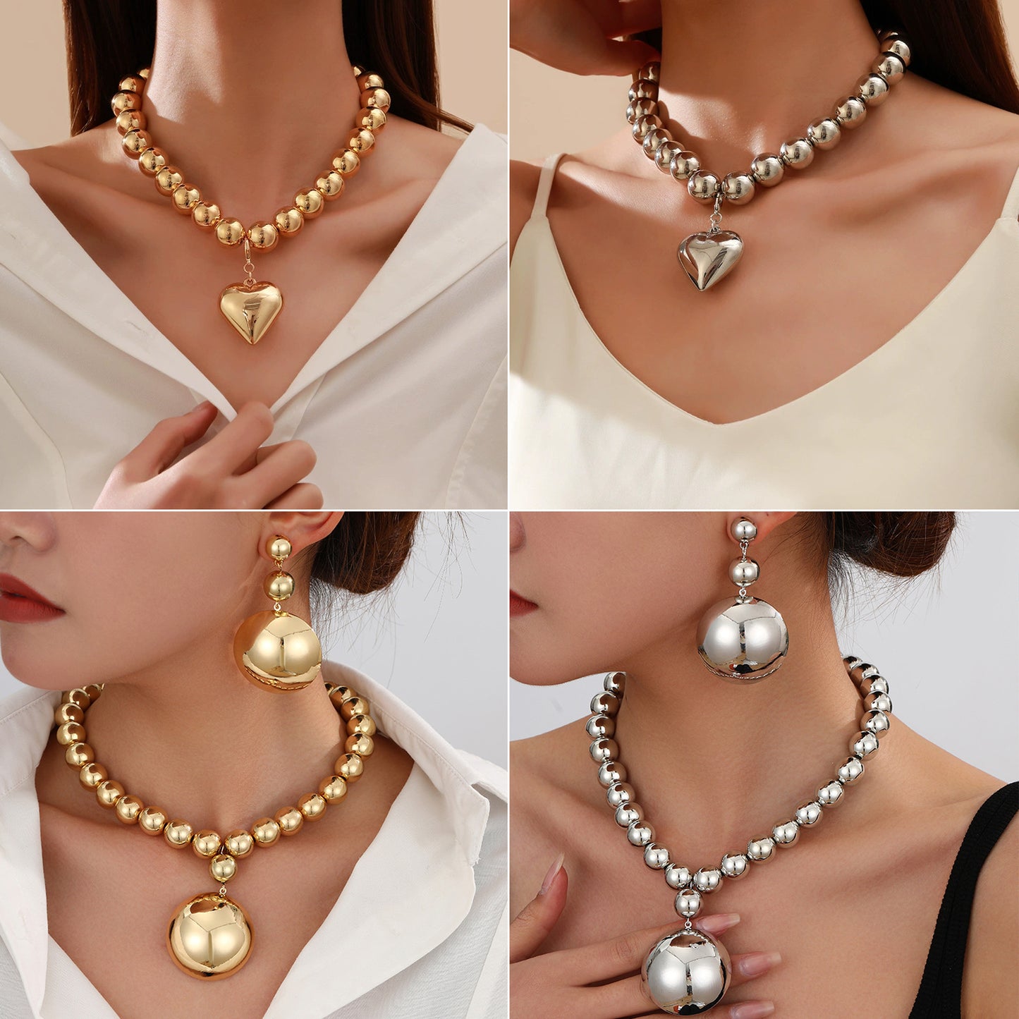 European and American jewelry geometric exaggerated large round beads love pendant punk beaded collar collarbone chain necklace women