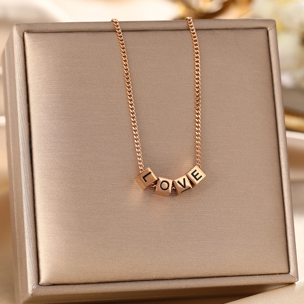 Personalized titanium steel necklace women's LOVE square dice letter pendant light luxury fashion collarbone chain jewelry wholesale