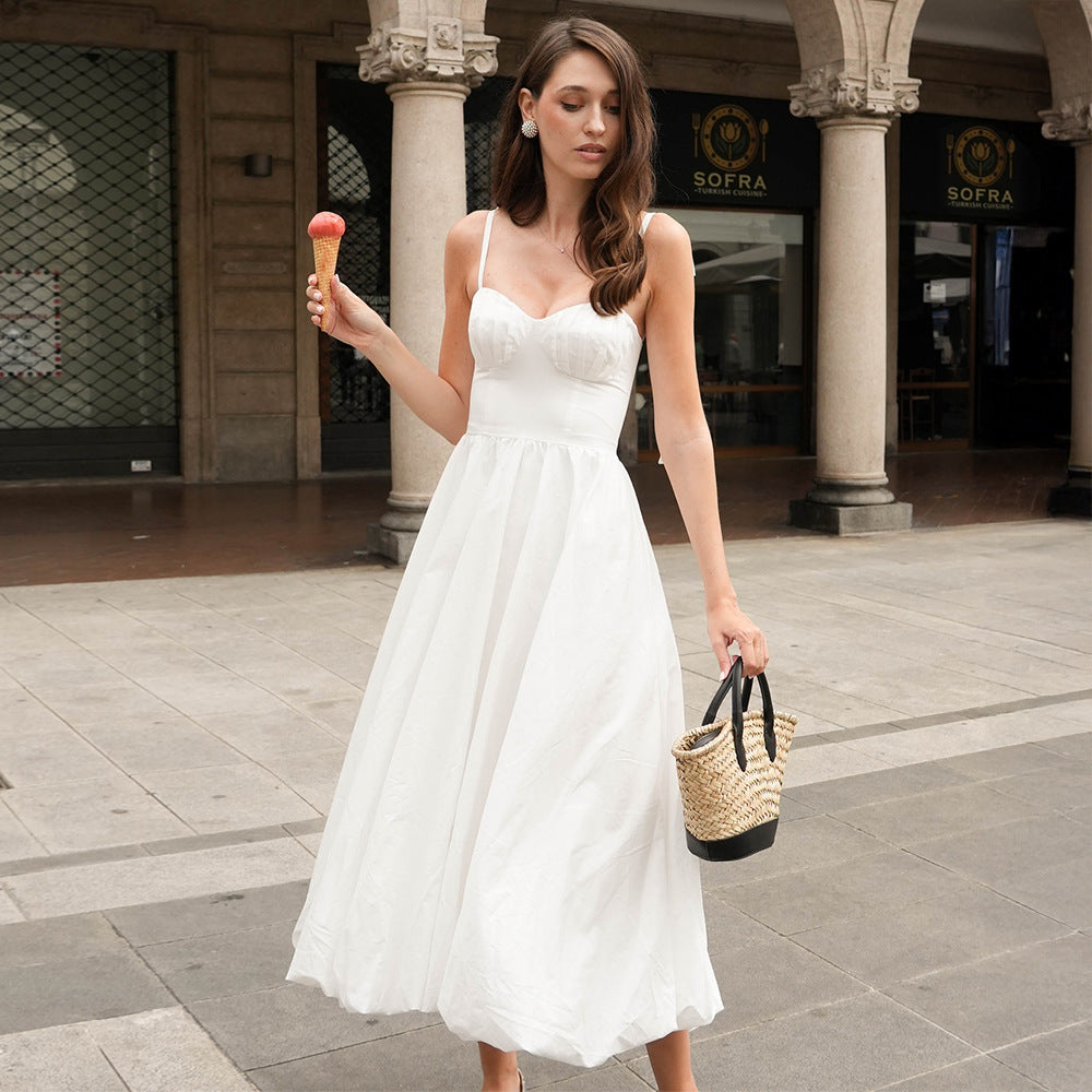 Pure cotton suspender balloon dress European and American summer waist bubble pendulum dress pure cotton dress women
