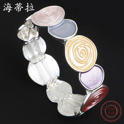 New round rose oil environmentally friendly alloy bracelet, artificial color oil elastic adjustable bracelet
