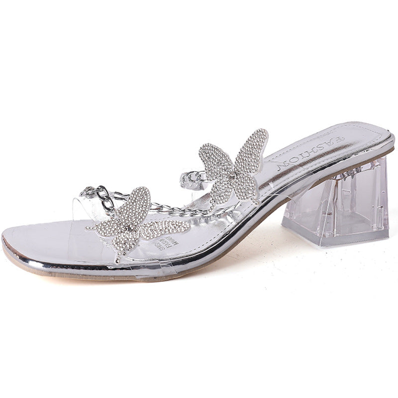 French butterfly high-heeled slippers women's summer wear new fashion versatile fairy style thick heel with skirt sandals