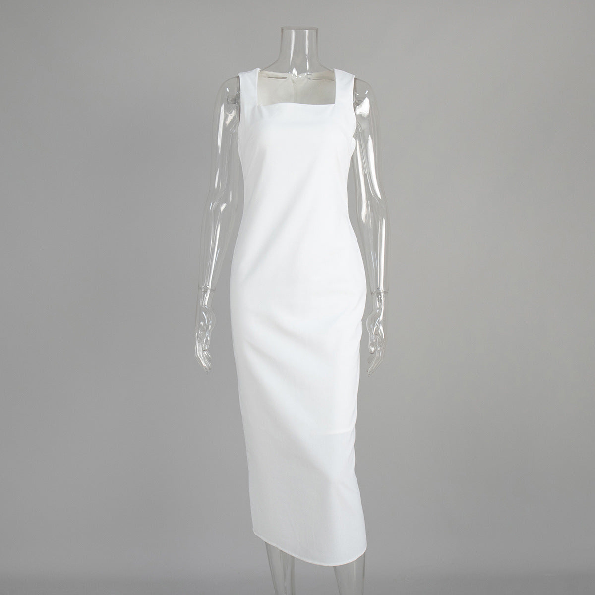 Cross-border simple solid color square neck suspender dress, European and American summer new slim cotton and linen long dress