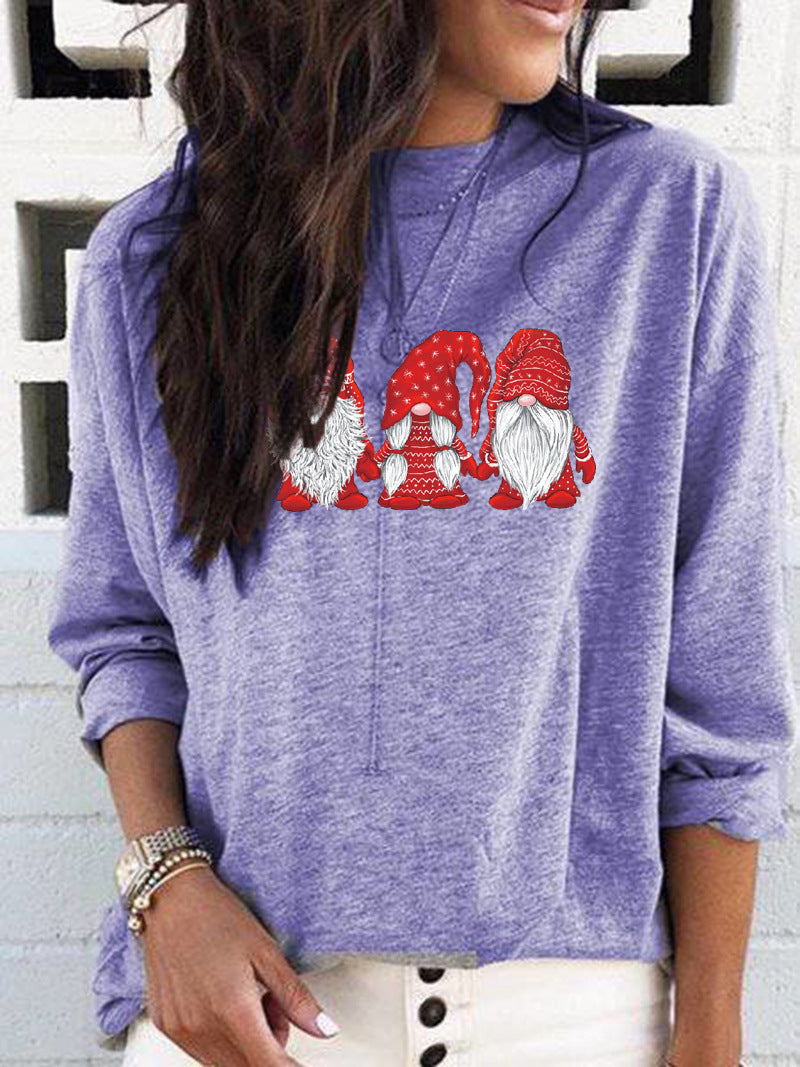 New Santa Claus Holiday Printed Crew Neck Long Sleeve T-Shirt Casual Bottom Top Women